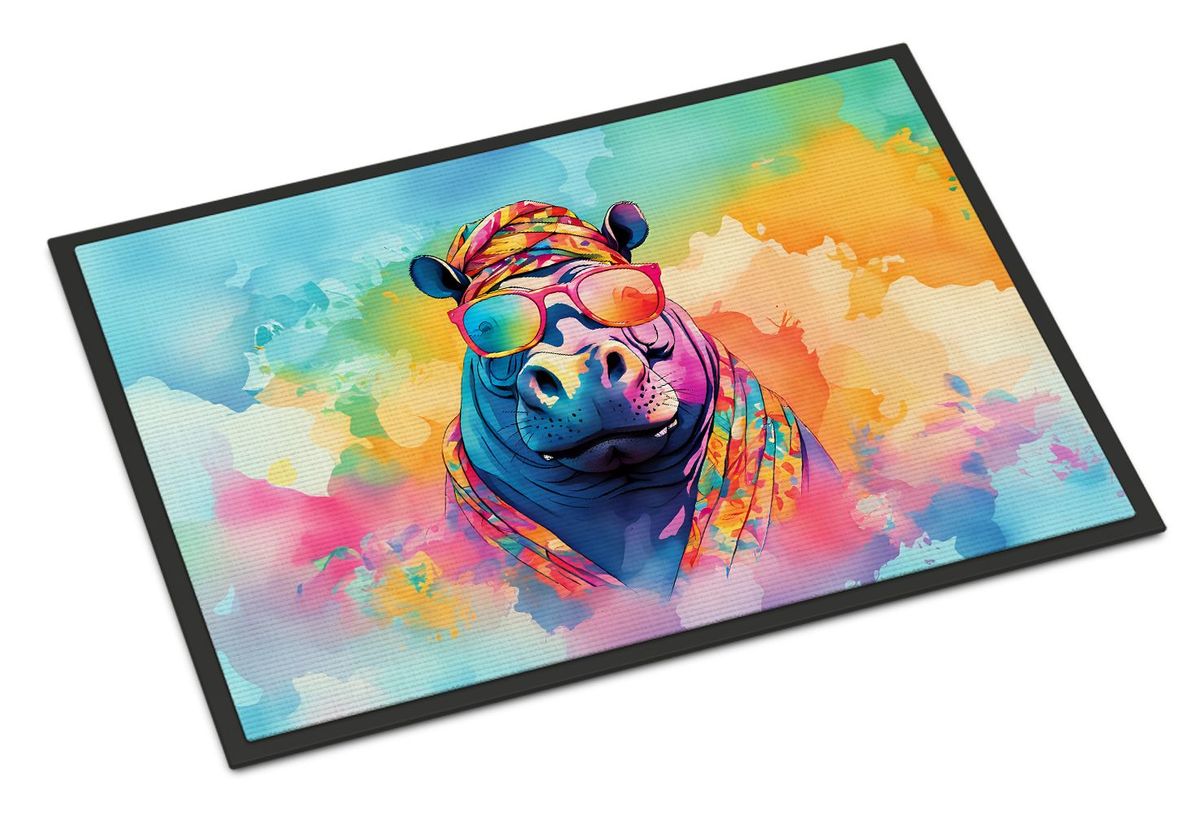 Hippie Animal Hippopotamus Doormat Front Door Mat Indoor Outdoor Rugs For Entryway, Non Slip Washable Low Pile, 24H X 36W_maomaolike.com