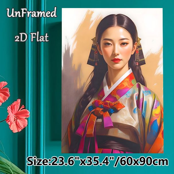Traditional Korean Hanbok Lady Painting Poster, Vibrant Realistic Oil Painting Style Poster, Elegant Cultural Artwork Ideal For Living Room, Bedroom_maomaolike.com