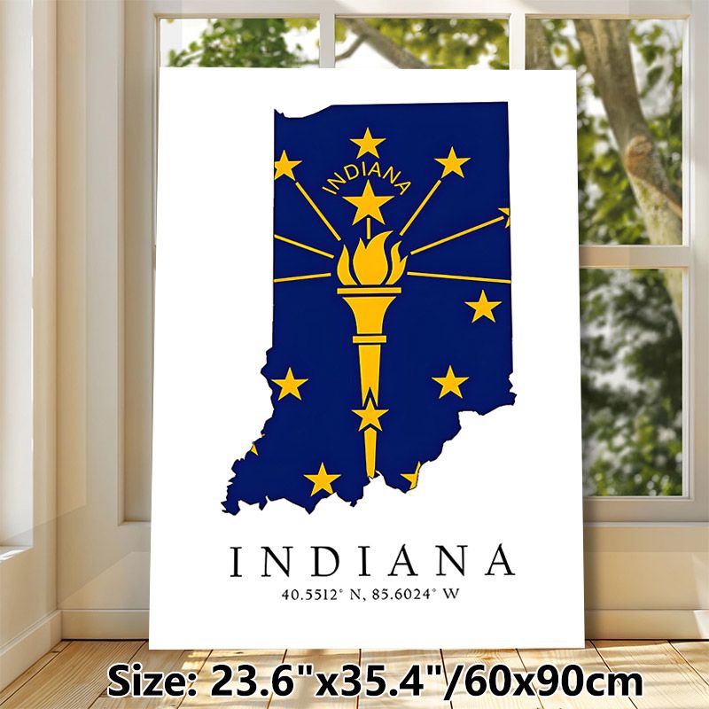 Indiana State Flag Map Painting Poster, Bold Blue & Gold Graphic Poster, Features State Outline With Torch And Stars, Ideal For Home Or Office Wall_maomaolike.com