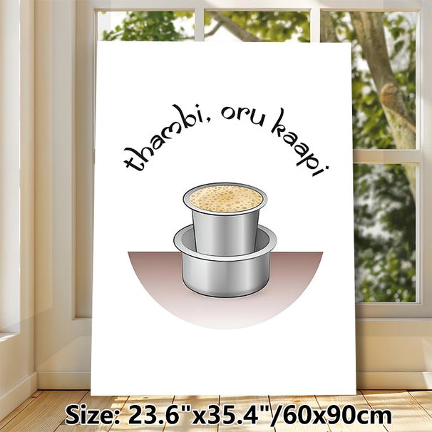 South Indian Kaapi Painting Poster, Vibrant Cartoon-style Poster, Illustrated Traditional Metal Coffee Cups With Playful Regional Text, Adds Cozy_maomaolike.com