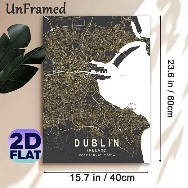 Dublin City Map Painting Poster, Sleek Minimalist Dark-toned Golden Line Map Poster, Clear Urban Layout Display, Ideal For Home Office & Living Room_maomaolike.com