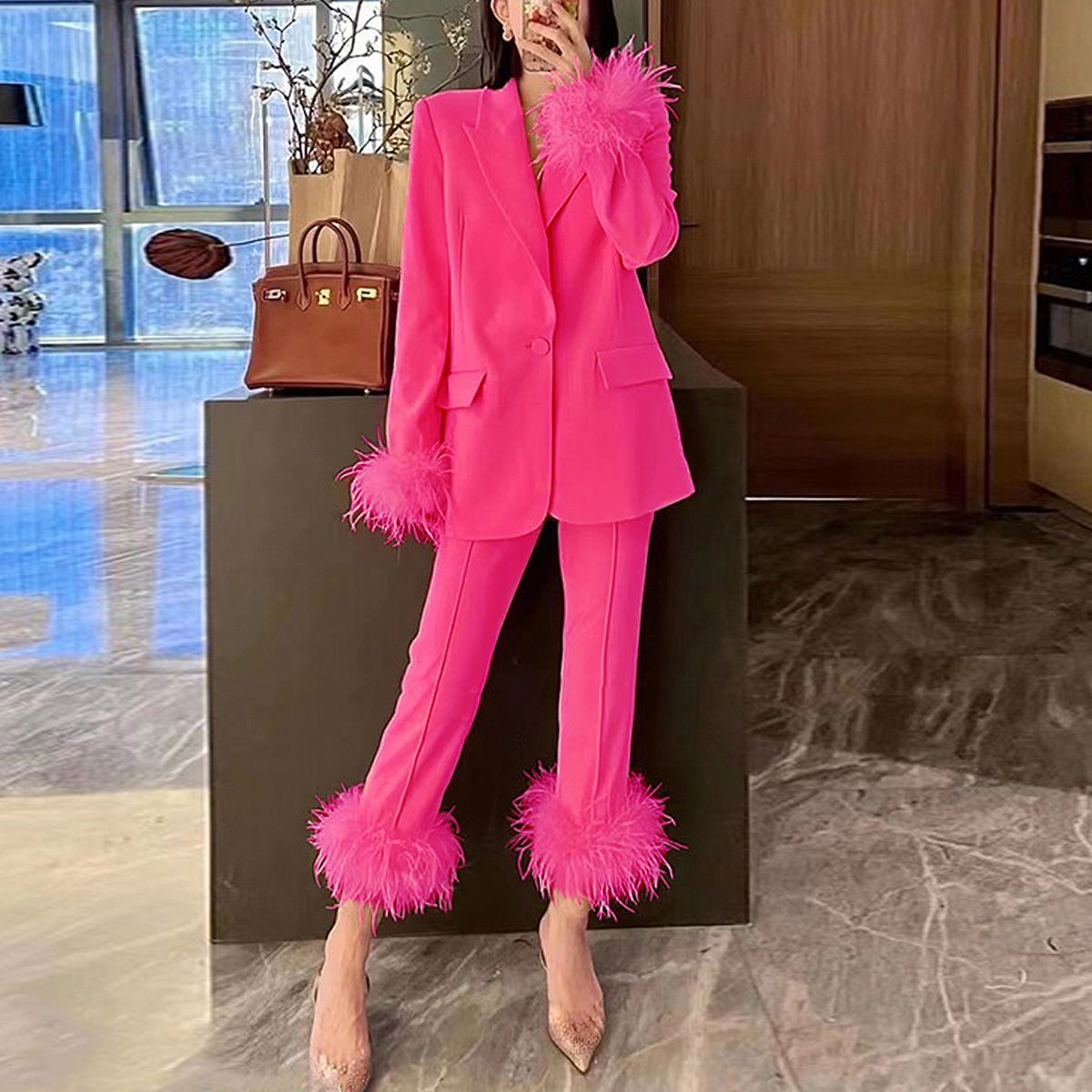 Women's clothing Internet celebrity style ostrich feather suit two-piece suit temperament dress women's pants suit_maomaolike.com