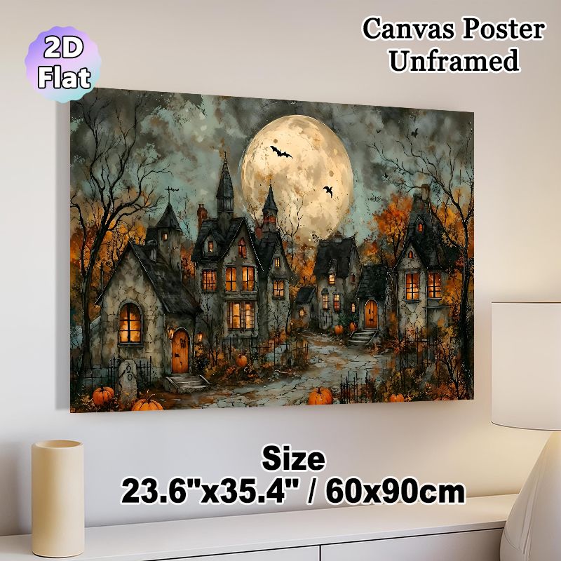 Halloween Village Painting Poster, Vintage Watercolor Spooky Moonlit Village Scene Poster, Atmospheric Seasonal Decor Ideal For Home, Living Room And_maomaolike.com