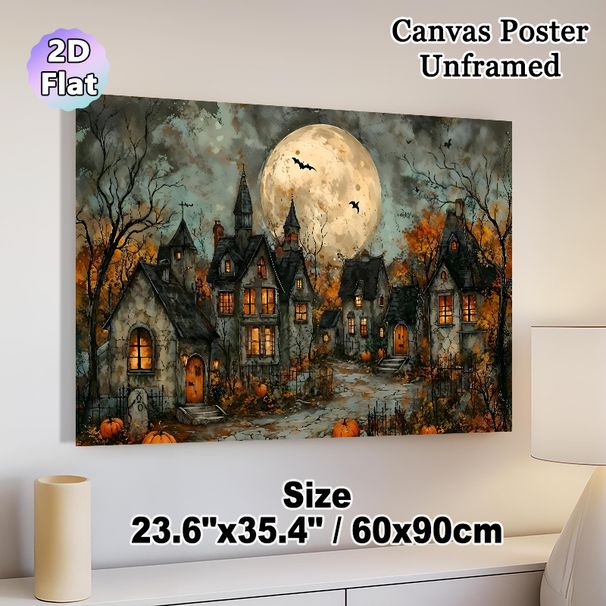 Halloween Village Painting Poster, Vintage Watercolor Spooky Moonlit Village Scene Poster, Atmospheric Seasonal Decor Ideal For Home, Living Room And_maomaolike.com