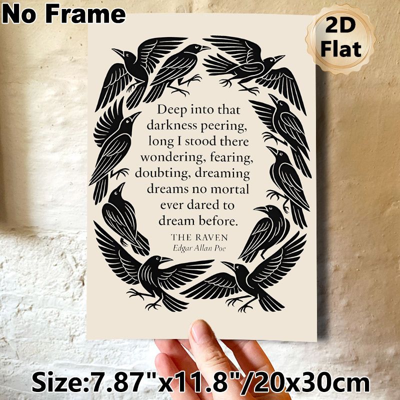 Raven Themed Literary Quote Painting Poster, Monochrome Black Raven Wreath Poster, Classic Poetry-inspired Wall Decor Suitable For Study, Living Room_maomaolike.com