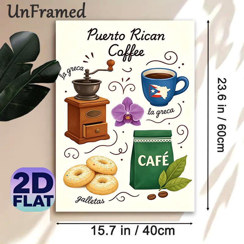 Puerto Rican Coffee Painting Poster, Vibrant Cartoon-style Poster, Featuring Coffee Grinder, Themed Cup, Orchid, Cookies & Coffee Bag, Adds Warm_maomaolike.com