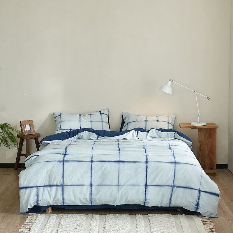 Chinese-style Plant-dyed Four-piece Set, Simple Blue Checkered Pure Cotton Duvet Cover And Bed Sheet, Skin-friendly_maomaolike.com