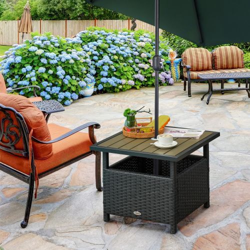 Outsunny 22'' Rattan Wicker Side Table With Steel Frame, Umbrella Insert Hole, Sand Bag For Outdoor, Patio, Garden, Backyard, Black & Tan_maomaolike.com