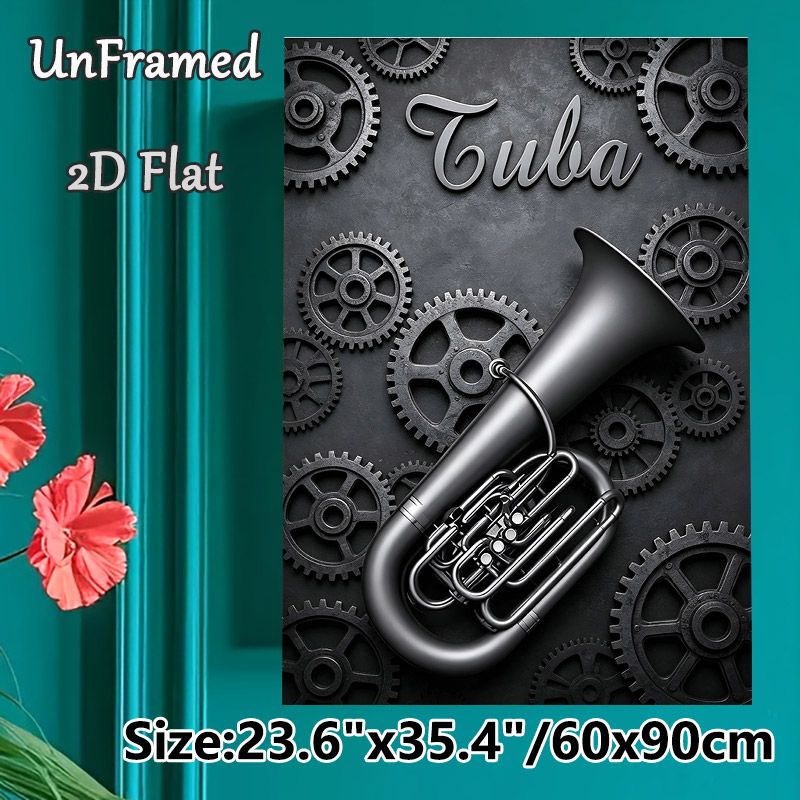 Tuba Themed Painting Poster, Vintage Industrial Style Poster, Sleek Dark-toned Tuba With Rustic Gears, Elegant Music-inspired Decor Ideal For Music_maomaolike.com