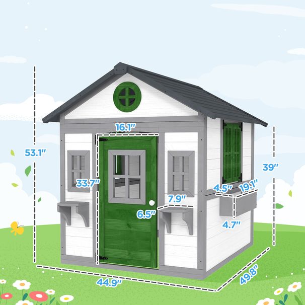 Wooden Playhouse For Kids Outdoor With Doors, Windows, Planter Pots And Boxes For Toddlers 3-8 Years, White_maomaolike.com