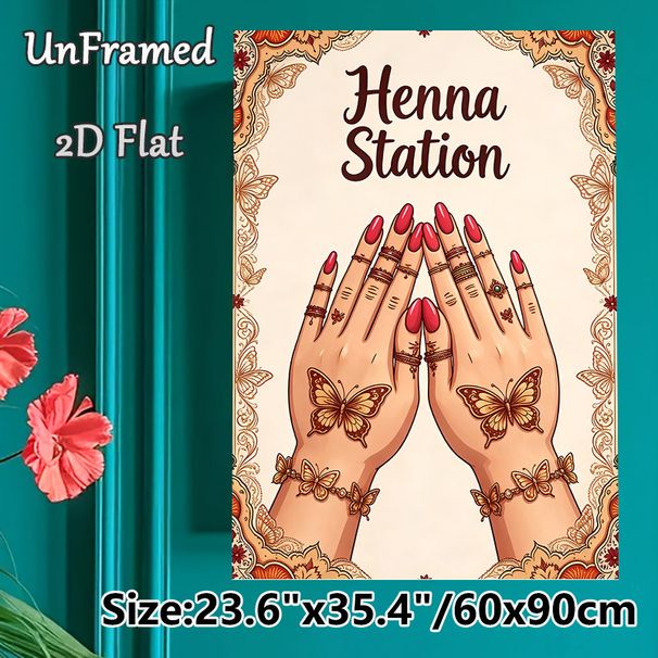 Henna Station Painting Poster, Exquisite Ethnic Style Poster, Intricate Butterfly Henna Hand Art, Functional Sign For Henna Service Stations, Suitable_maomaolike.com