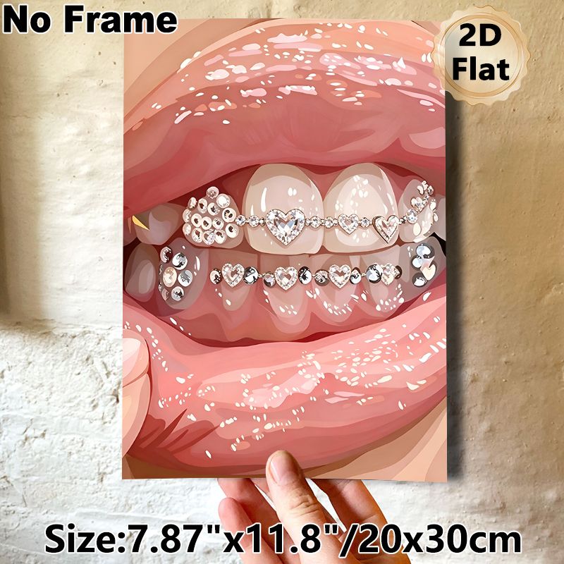 Glittery Teeth & Lips Painting Poster, Shiny Glamorous Stylized Art Poster, Eye-catching Sparkling Diamond-adorned Dental Design, Suitable For Bedroom_maomaolike.com
