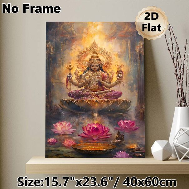 Vishnu Themed Painting Poster, Gilded Serene Oil Painting Style Poster, Four-armed Deity On Lotus With Warm Glowing Aura And Pink Lotus Blooms, Brings_maomaolike.com