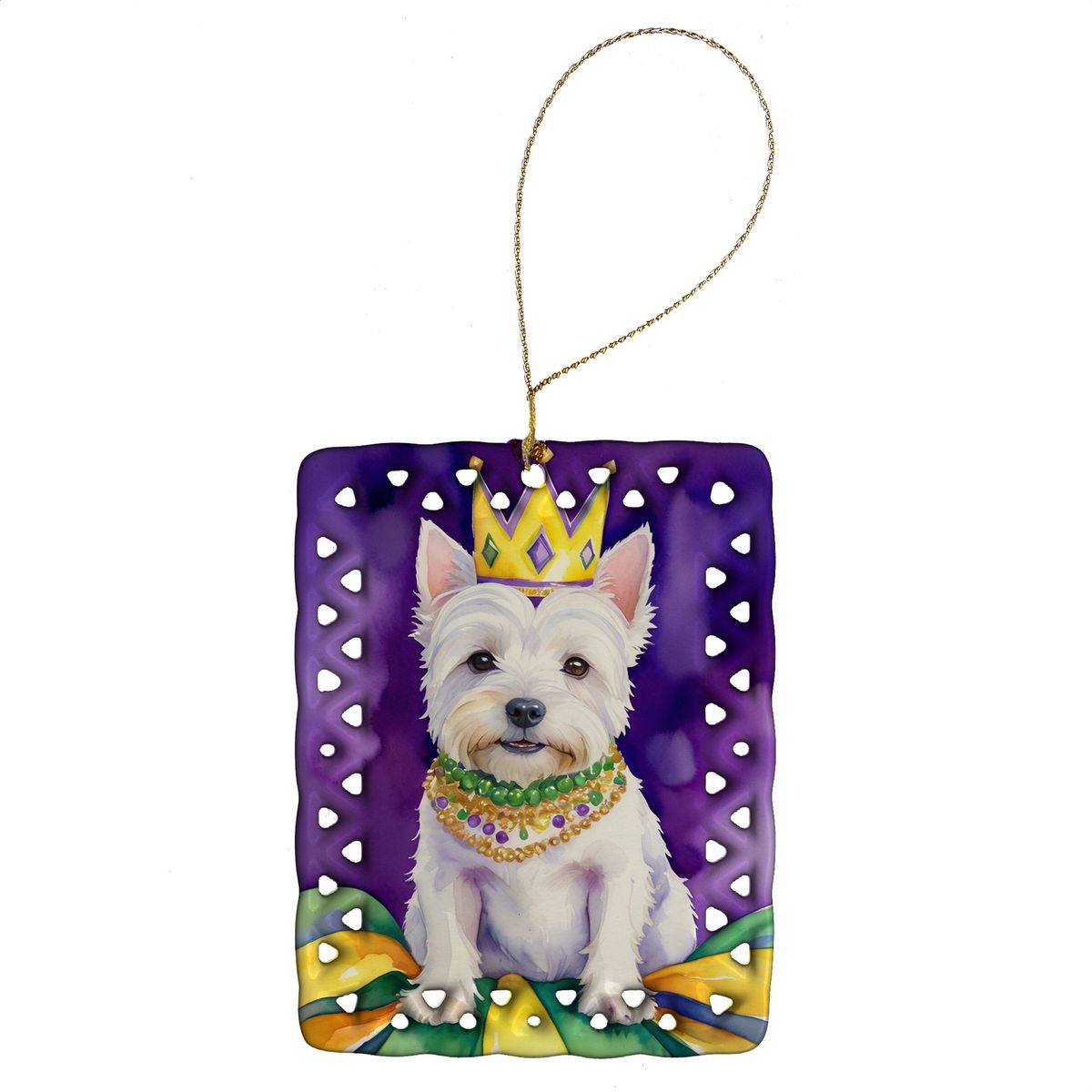 Westie King Of Mardi Gras Porcelain Ornament Christmas Tree Hanging Decorations For Home Christmas Holiday, Rectangle, Gift, Multicolor_maomaolike.com