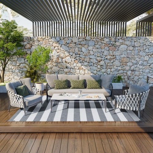 Outsunny Reversible Outdoor Rug, 9' X 12' Waterproof Plastic Straw Floor Mat, Portable RV Camping Carpet With Carry Bag, Large Floor Mat For Backyard, Deck, Picnic, Beach, Gray & White Striped_maomaolike.com