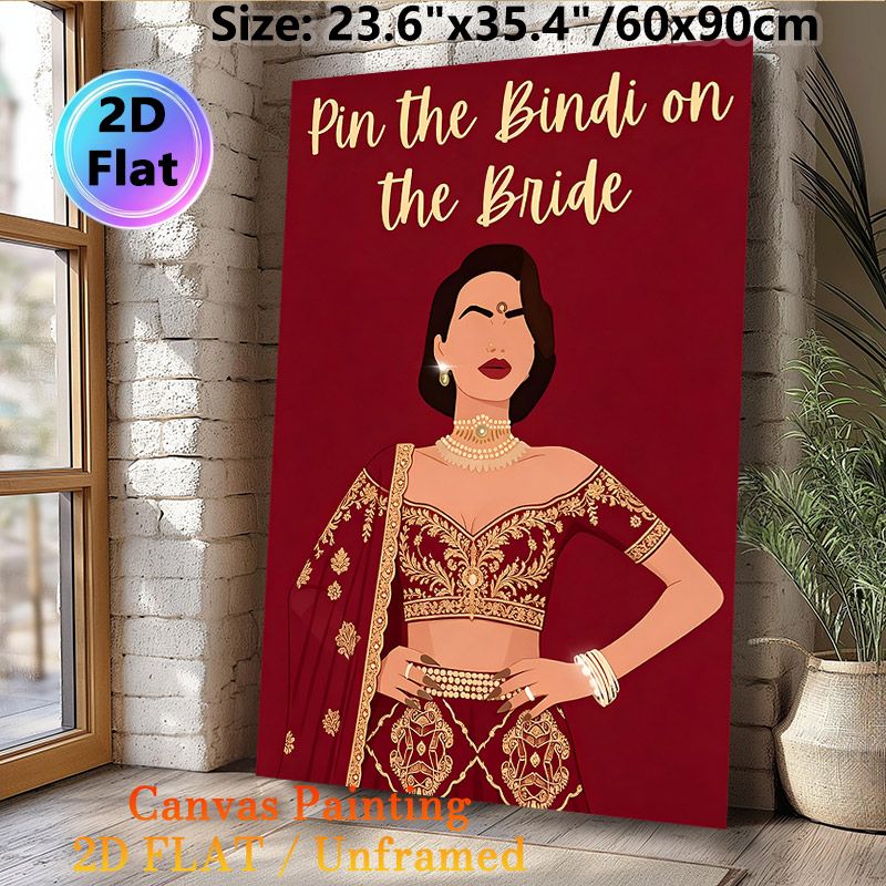Pin The Bindi On The Bride Painting Poster, Vibrant Traditional Indian Bridal Illustration Poster, Interactive Party Game Decor Ideal For Bachelorette_maomaolike.com