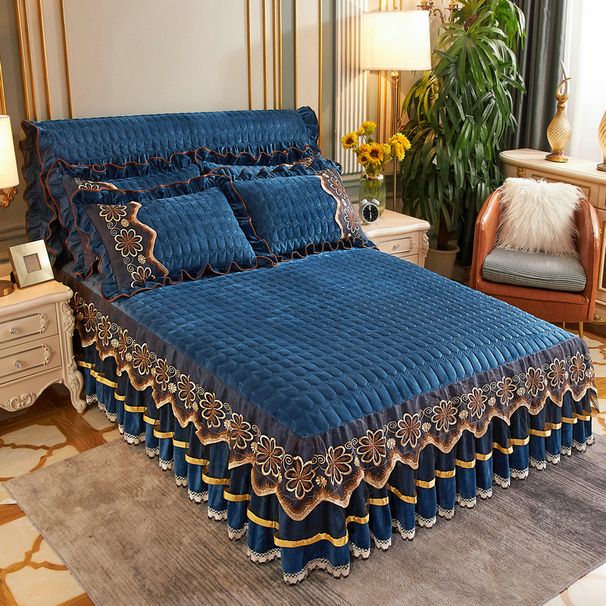 European Style Quilted Warm Crystal Velvet Skirt Single Piece Three-Piece Solid Color Thickened Coral Fleece Cover Non-Slip Bed Se_maomaolike.com