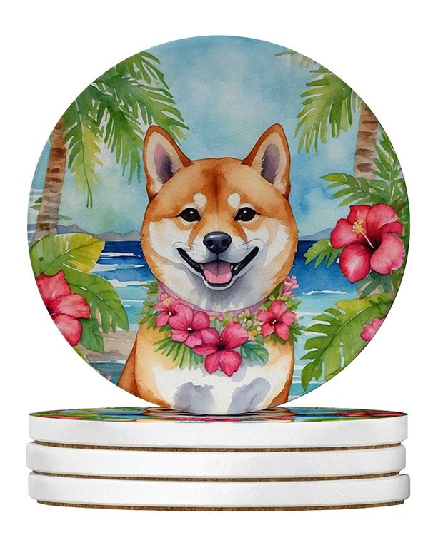 Shiba Inu Luau Large Sandstone Coasters Pack Of 4 Absorbent Round Coasters Decor Gifts For Men Or Women, 4 In, Multicolor_maomaolike.com