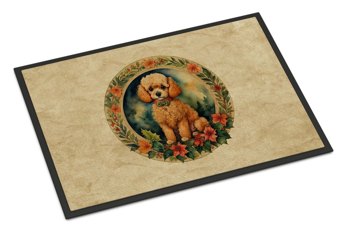 Poodle Christmas Flowers Doormat Front Door Mat Indoor Outdoor Rugs For Entryway, Non Slip Washable Low Pile, 24H X 36W_maomaolike.com
