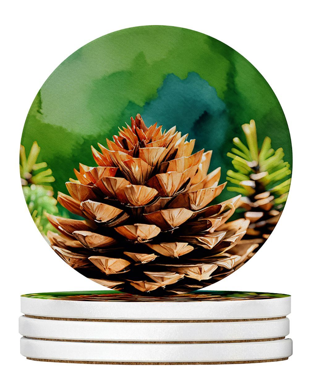Maine White Pine Cone And Tassels In Watercolor Large Sandstone Coasters Pack Of 4 Absorbent Round Coasters Decor Gifts For Men Or Women, 4 In, Multicolor_maomaolike.com