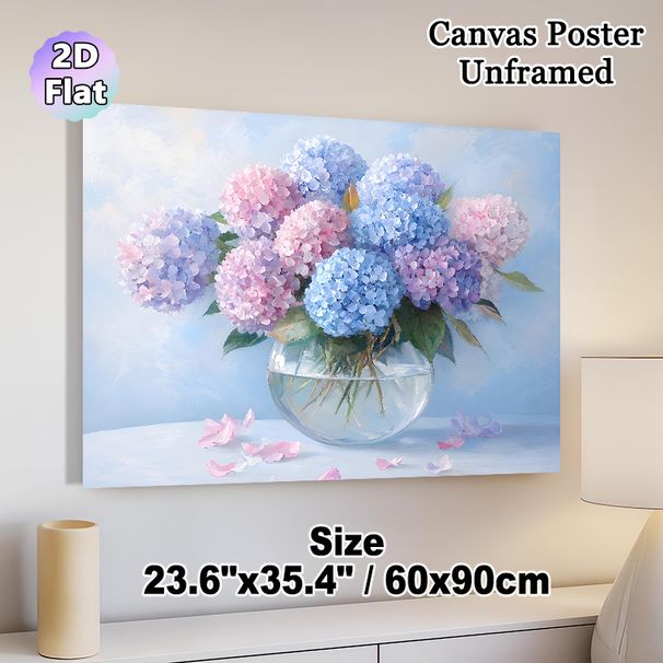 Hydrangea Themed Painting Poster, Soft-toned Oil Painting Style Pastel Pink & Blue Hydrangeas In Glass Vase Poster, Brings Gentle Elegance To Living_maomaolike.com
