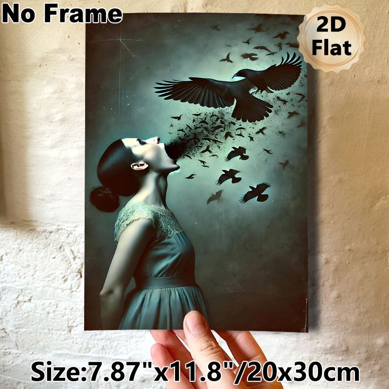 Surreal Crow & Woman Painting Poster, Mysterious Dark Surreal Art Poster, Unique Expressive Design Ideal For Living Room, Art Studio And Modern_maomaolike.com