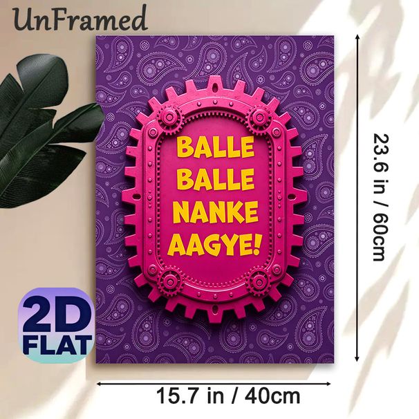 Balle Balle Nanke Aagye Themed Painting Poster, Vibrant Steampunk-style Pink Gear-framed With Purple Paisley Background Poster, Eye-catching Cultural_maomaolike.com