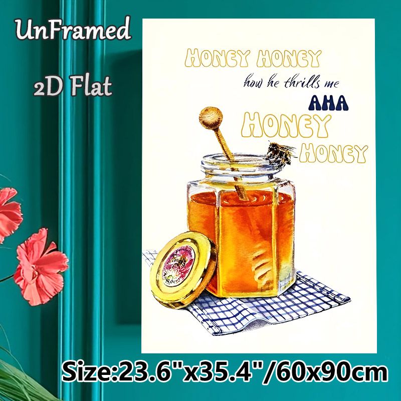 Honey Jar & Bee Themed Painting Poster, Warm Watercolor-style Poster, Sweet Honey-inspired Design With Typography Adds Cozy Ambiance For Kitchen_maomaolike.com