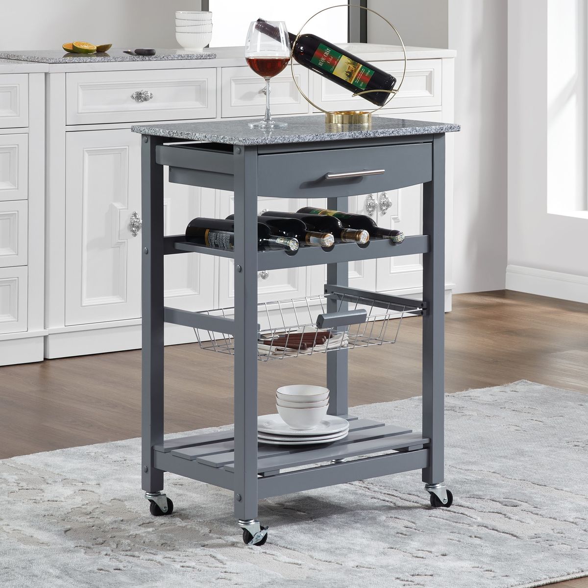 Mobile Rolling Kitchen Island Trolley Serving Cart With Underneath Drawer & Slide-Out Wire Storage Basket_maomaolike.com