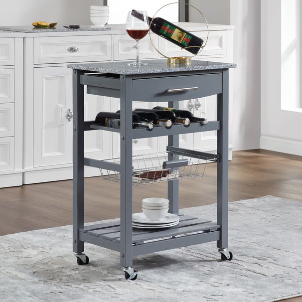 Mobile Rolling Kitchen Island Trolley Serving Cart With Underneath Drawer & Slide-Out Wire Storage Basket_maomaolike.com
