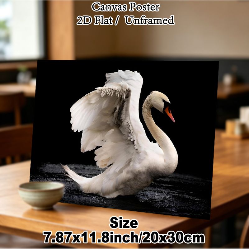White Swan Painting Poster, Elegant Realistic White Swan Spreading Wings On Dark Water Poster, Eye-catching Contrast Design Ideal For Living Room_maomaolike.com