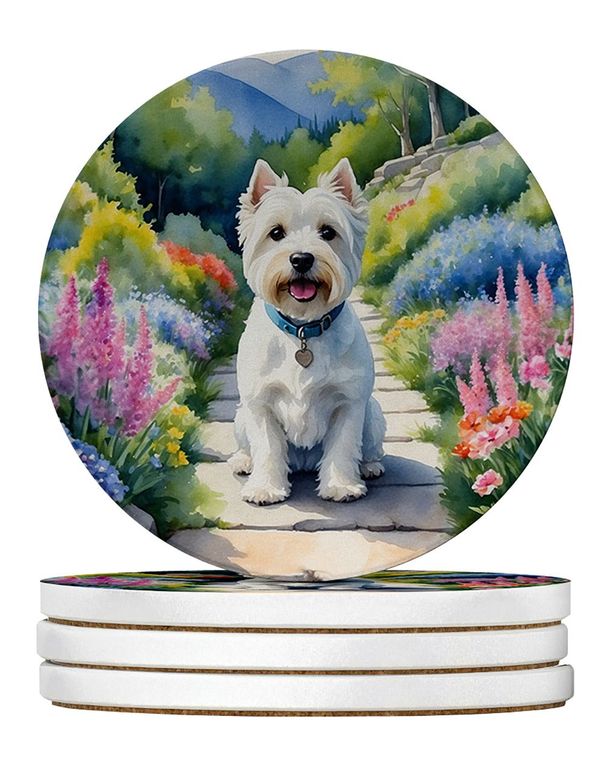 Westie Spring Path Large Sandstone Coasters Pack Of 4 Absorbent Round Coasters Decor Gifts For Men Or Women, 4 In, Multicolor_maomaolike.com