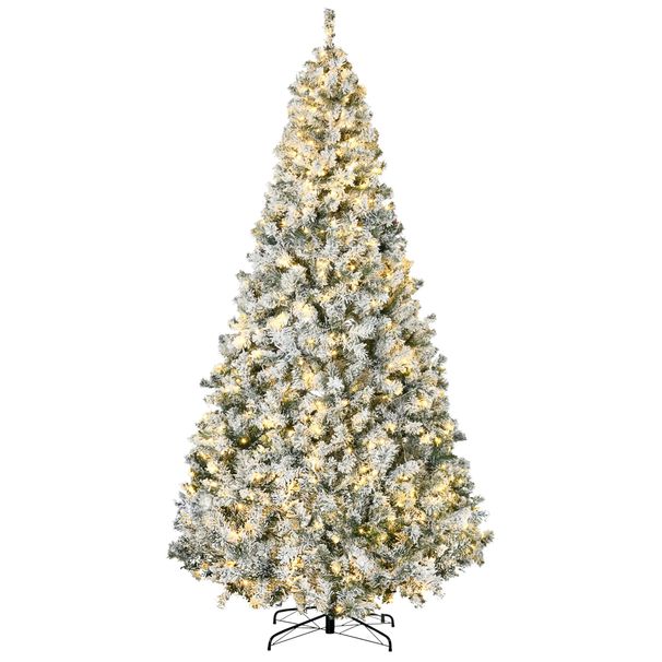 9ft Tall Prelit Artificial Christmas Tree Holiday Décor With 1868 Snow Flocked Branches, 600 Warm White LED Lights, Auto Open, Green_maomaolike.com