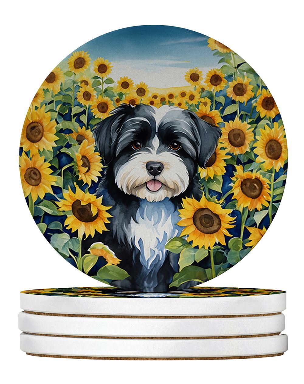 Havanese In Sunflowers Large Sandstone Coasters Pack Of 4 Absorbent Round Coasters Decor Gifts For Men Or Women, 4 In, Multicolor_maomaolike.com