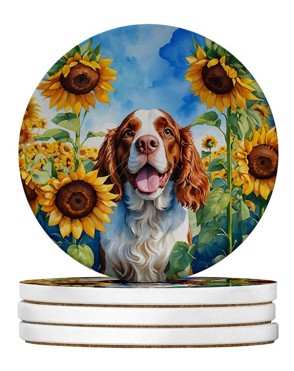 Welsh Springer Spaniel In Sunflowers Large Sandstone Coasters Pack Of 4 Absorbent Round Coasters Decor Gifts For Men Or Women, 4 In, Multicolor_maomaolike.com