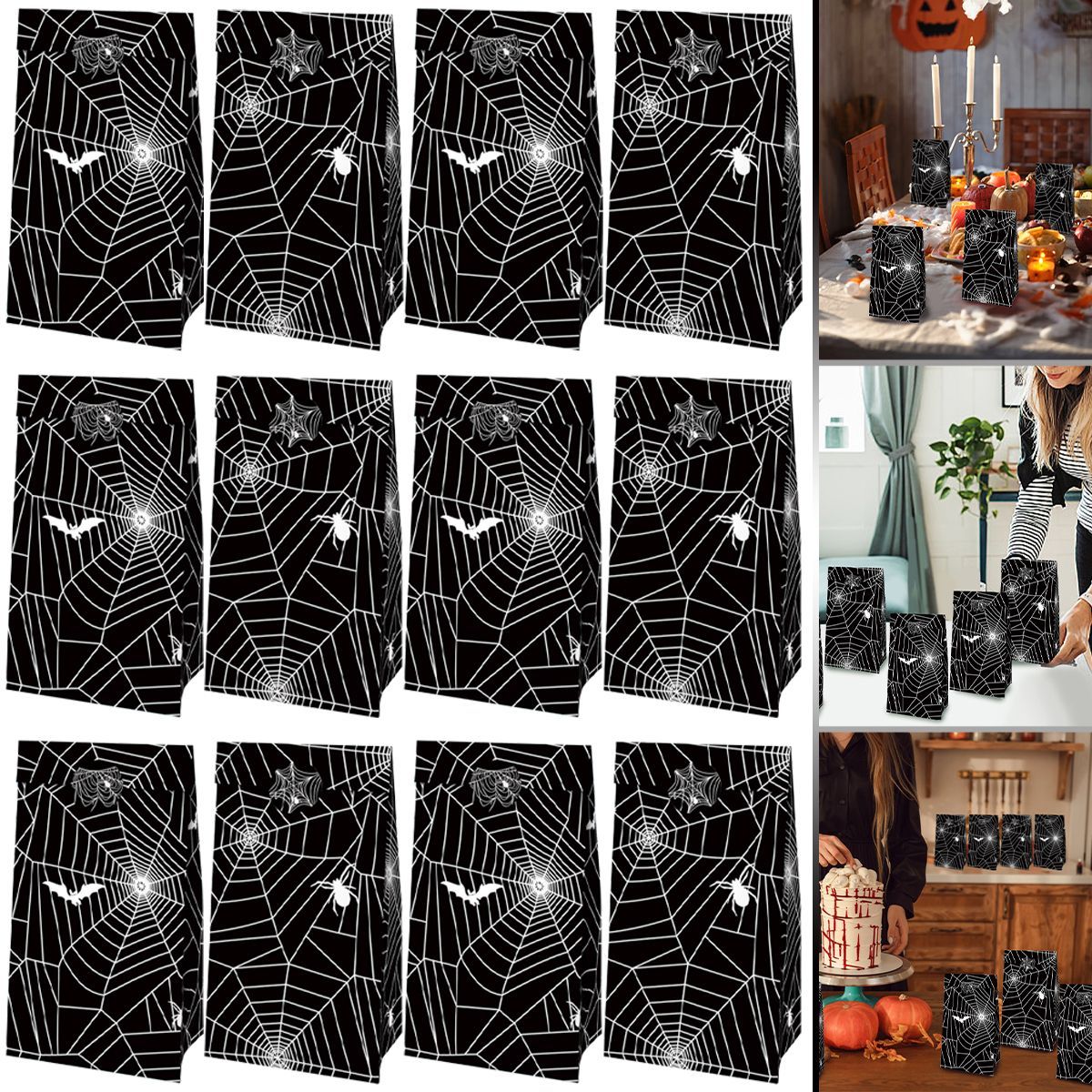 12PCS Gift Bags With 12PCS Sealing Stickers Cookies Goodies Paper Treat Bags Black Spider Web Favors Gift Wrapping Bags For Holiday Birthday Party Supplies_maomaolike.com