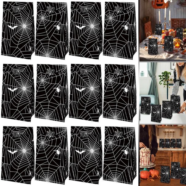 12PCS Gift Bags With 12PCS Sealing Stickers Cookies Goodies Paper Treat Bags Black Spider Web Favors Gift Wrapping Bags For Holiday Birthday Party Supplies_maomaolike.com