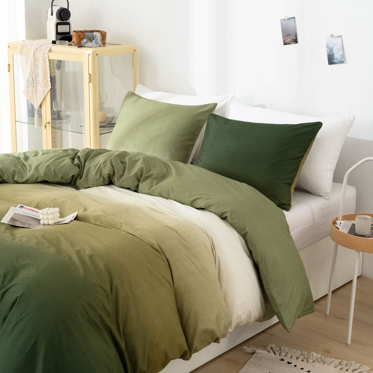 Home Garden Brushed Print Gradient Green Blue Gray Quilt Three Piece Set_maomaolike.com
