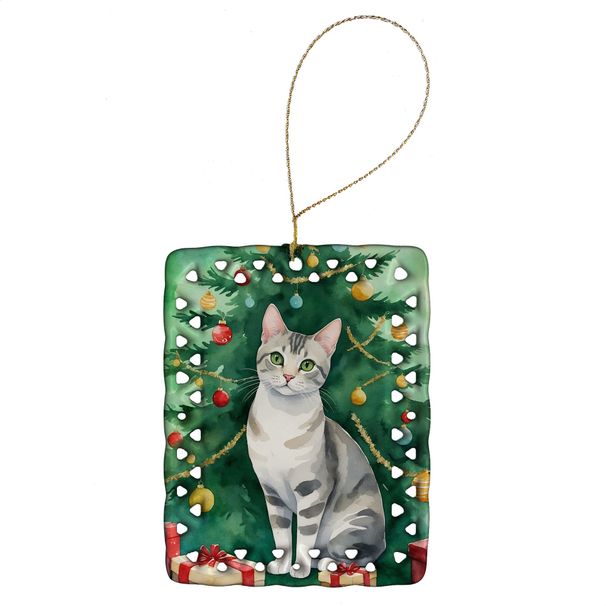 European Shorthair Cat By The Christmas Tree Porcelain Ornament Christmas Tree Hanging Decorations For Home Christmas Holiday, Rectangle, Gift, Multicolor_maomaolike.com