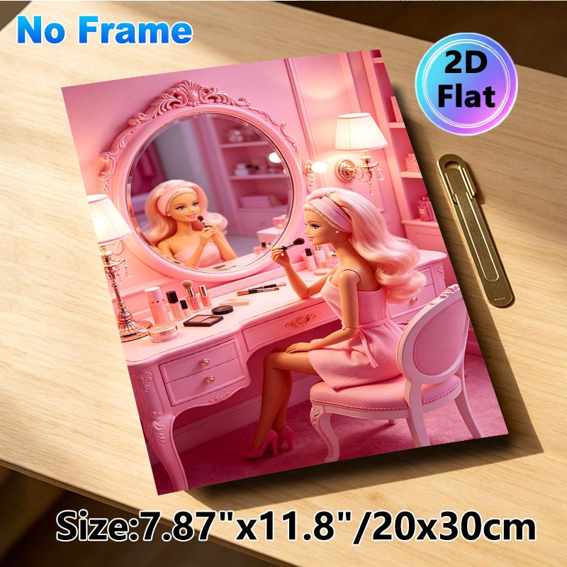 Pink Glam Doll At Vanity Painting Poster, Dreamy Feminine Makeup Scene Poster, Charming Feminine Decor Ideal For Bedroom, Dressing Room_maomaolike.com