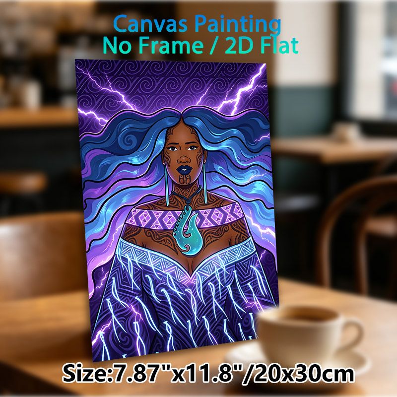 Mystical Tribal Goddess Painting Poster, Vibrant Neon-style Illustrated Poster, Eye-catching Mystical Design With Blue-purple Wavy Hair, Tribal_maomaolike.com