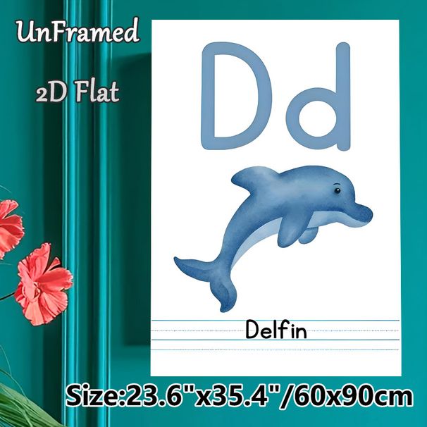 Letter D Dolphin Painting Poster, Soft Watercolor Style Dolphin & Letter Dd Poster, Facilitates Alphabet Learning, Ideal For Study Spaces_maomaolike.com
