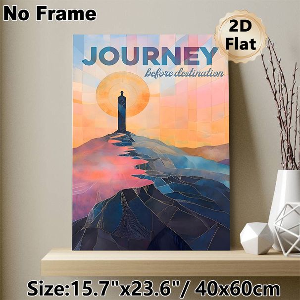 Inspirational Journey Painting Poster, Vibrant Stained-Glass Style Mountain & Figure Scene Poster, Motivational Quote Decor Ideal For Home Office_maomaolike.com