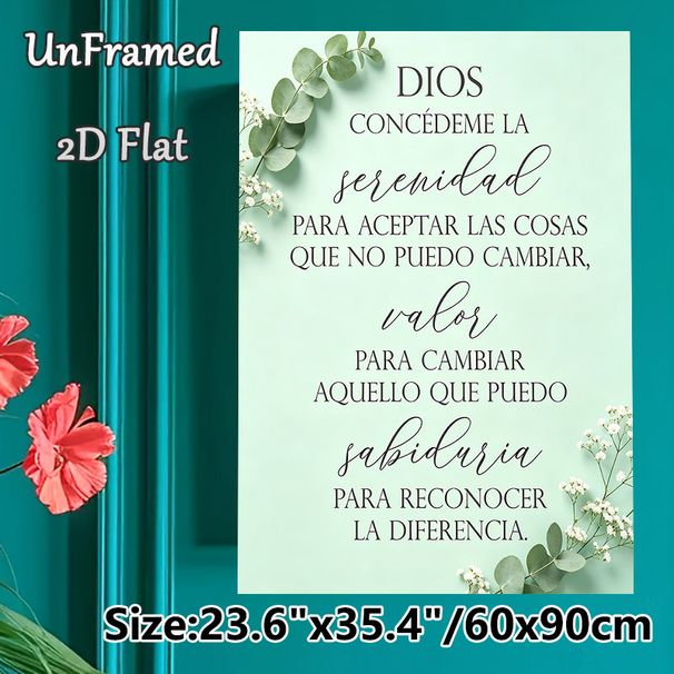 Spanish Serenity Prayer Painting Poster, Elegant Mixed-font Mint Green Floral Decor Poster, Calming Inspirational Quote Art, Suitable For Living Room_maomaolike.com