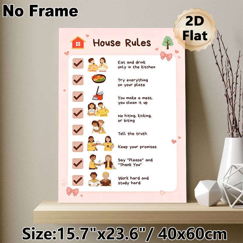 House Rules Painting Poster, Warm Cute Cartoon Style Poster, Clearly Lists Household Behavior Guidelines, Ideal For Home To Promote Positive Family_maomaolike.com