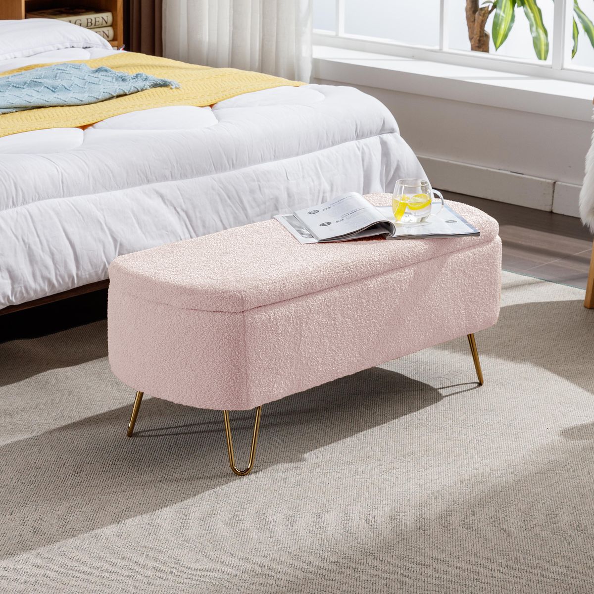 Pink Storage Ottoman Bench For End Of Bed Gold Legs, Modern Grey Fur Entryway Bench Upholstered Padded With Storage For Living Room Bedroom_maomaolike.com