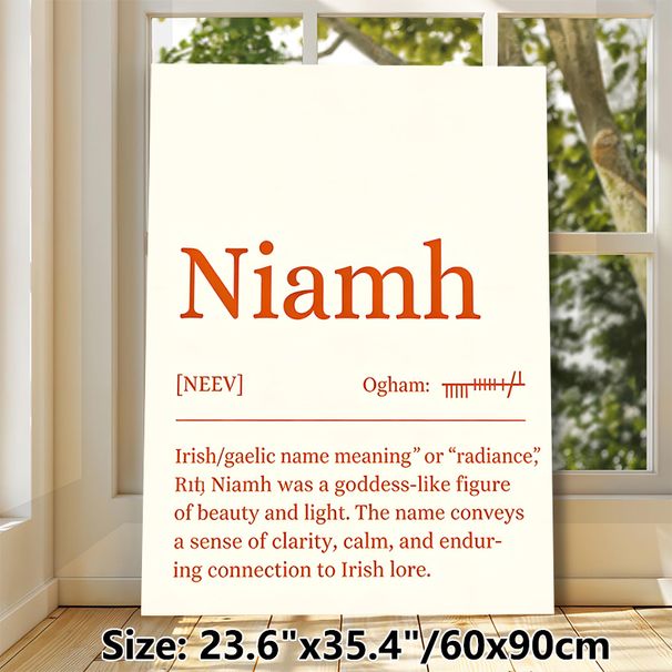 Niamh Name Meaning Painting Poster, Warm-toned Minimalist Typographic Poster, Features Irish Cultural & Mythological Significance, Ideal For Home Wall_maomaolike.com