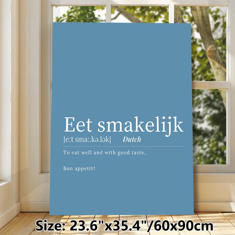 Dutch "Eet Smakelijk" Culinary Quote Painting Poster, Clean Minimalist Blue & White Typographic Poster, Warm Dining Decor Idea For Kitchen And Dining_maomaolike.com