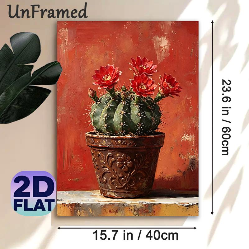 Blooming Cactus Painting Poster, Vibrant Textured Oil Painting Style Poster, Potted Cactus With Bright Red Blooms, Brings Warm Rustic Charm To Living_maomaolike.com