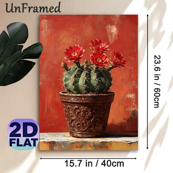Blooming Cactus Painting Poster, Vibrant Textured Oil Painting Style Poster, Potted Cactus With Bright Red Blooms, Brings Warm Rustic Charm To Living_maomaolike.com
